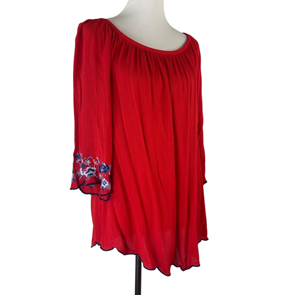 Beachlunchlounge Red Embroidered Floral Bell Sleeve Blouse Top Womens Large